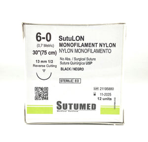 Sutura nylon 6-0, aguja 12mm 1/2 circulo, reverso cortante