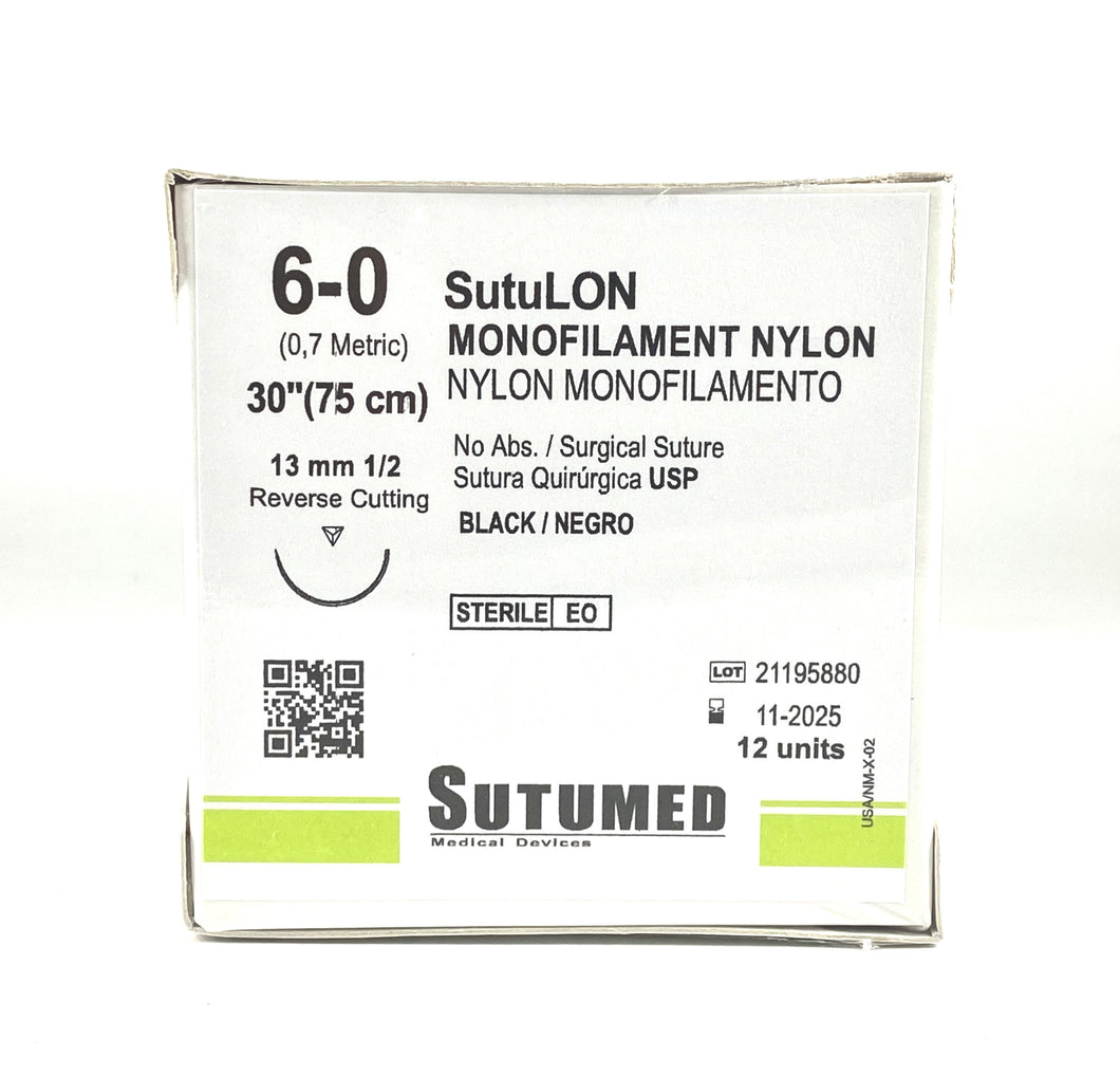 Sutura nylon 6-0, aguja 12mm 1/2 circulo, reverso cortante