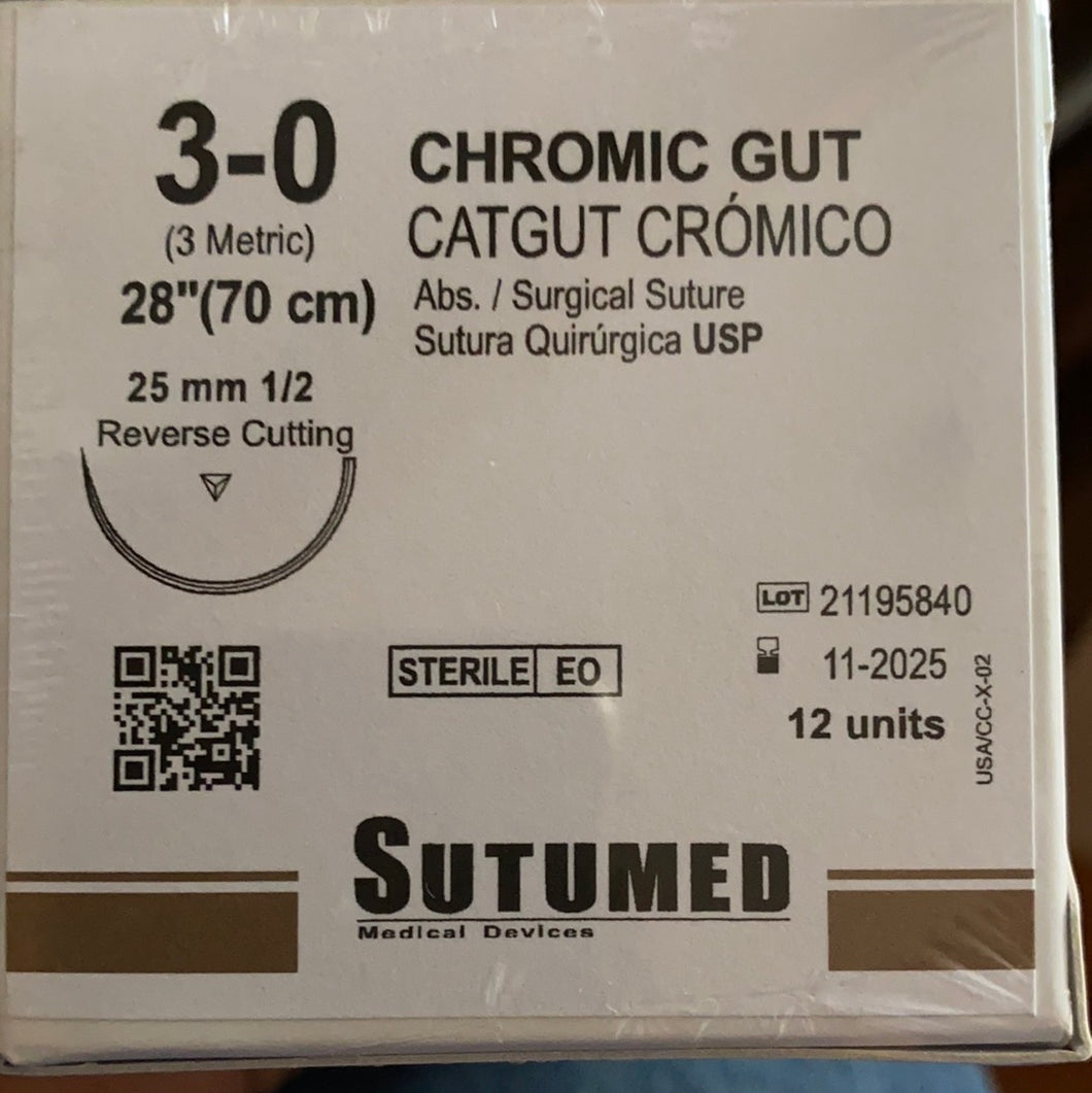 Sutura Catgut Crómico, 3-0, aguja 1/2 círculo, reverso cortante