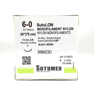 Sutura Nylon 6-0, aguja 3/8 reverso cortante