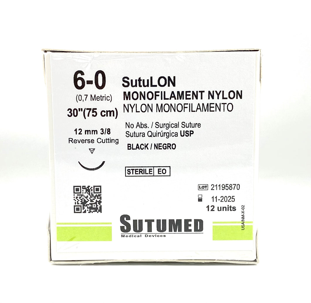 Sutura Nylon 6-0, aguja 3/8 reverso cortante