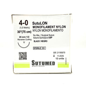 Sutura nylon 4-0, aguja 1/2, reverso cortante